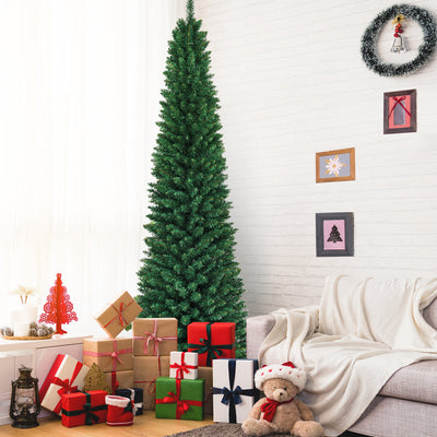 8 FT Slim Pencil Artificial Christmas Tree Unlit Green with Metal Stand
