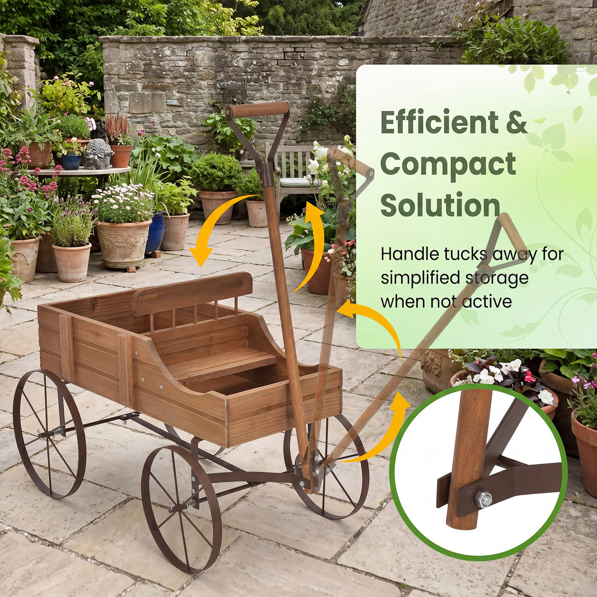 Vintage Wooden Planting Cart, Farmhouse Style Mobile Planter with Adjustable Pull Handle and 4 Wheels