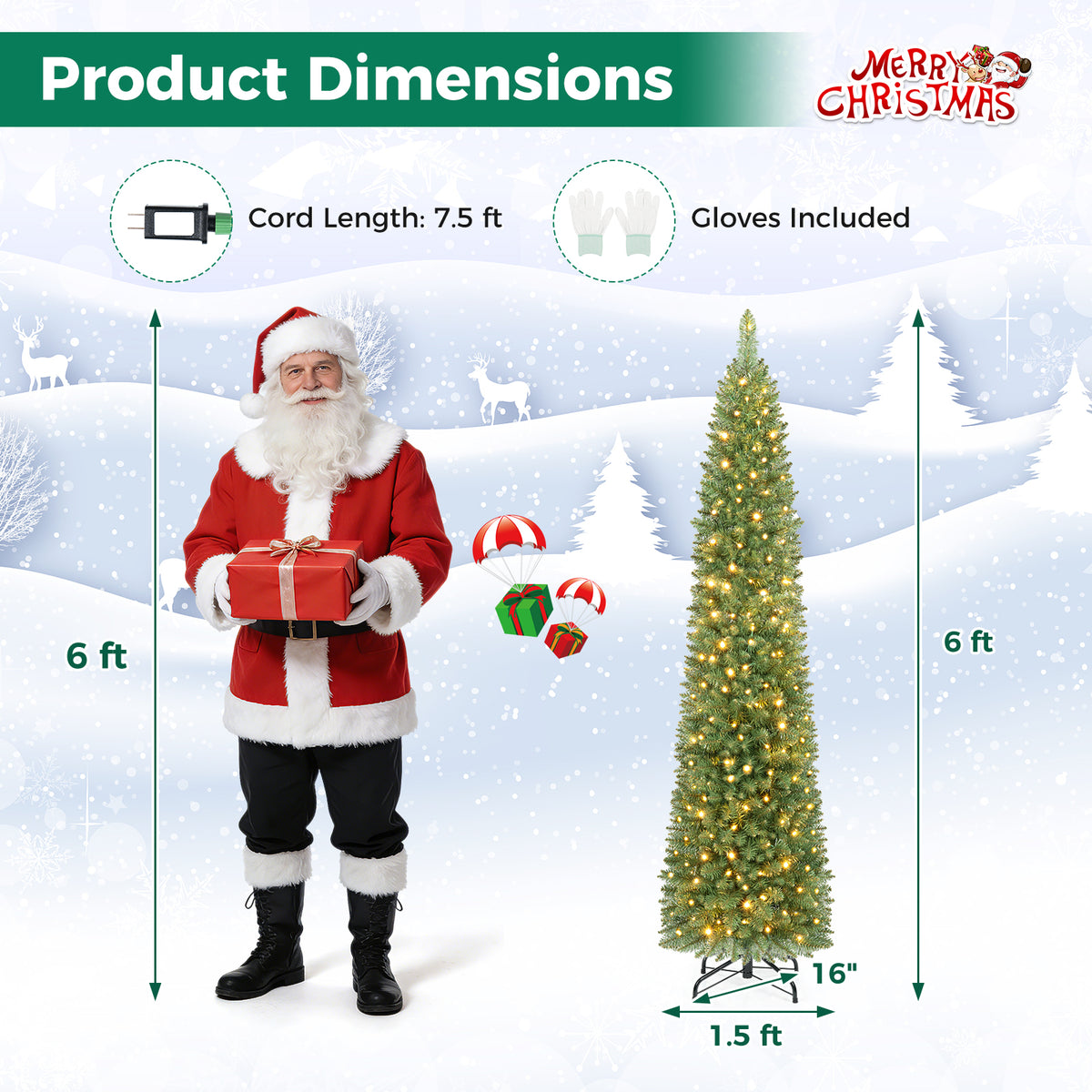 7FT Pre-Lit Pencil Christmas Tree, Slim Artificial Xmas Tree with Folding Metal Stand