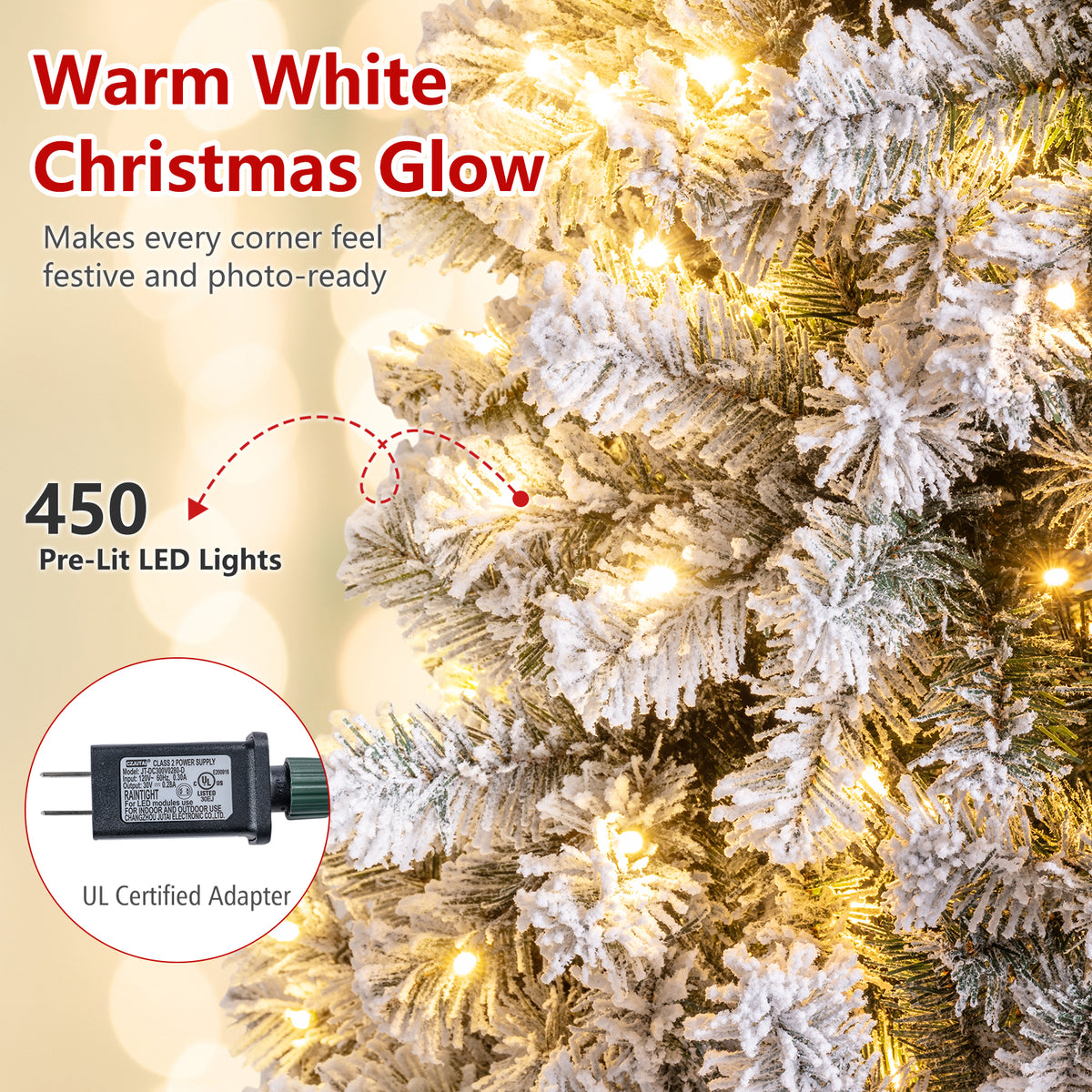 6/7.5/9/4.5 FT Snow-Flocked Christmas Tree, Pre-lit Xmas Tree w/ 250/450/550/150 Warm White LED Lights & 600/1010/1498/295 Branch Tips