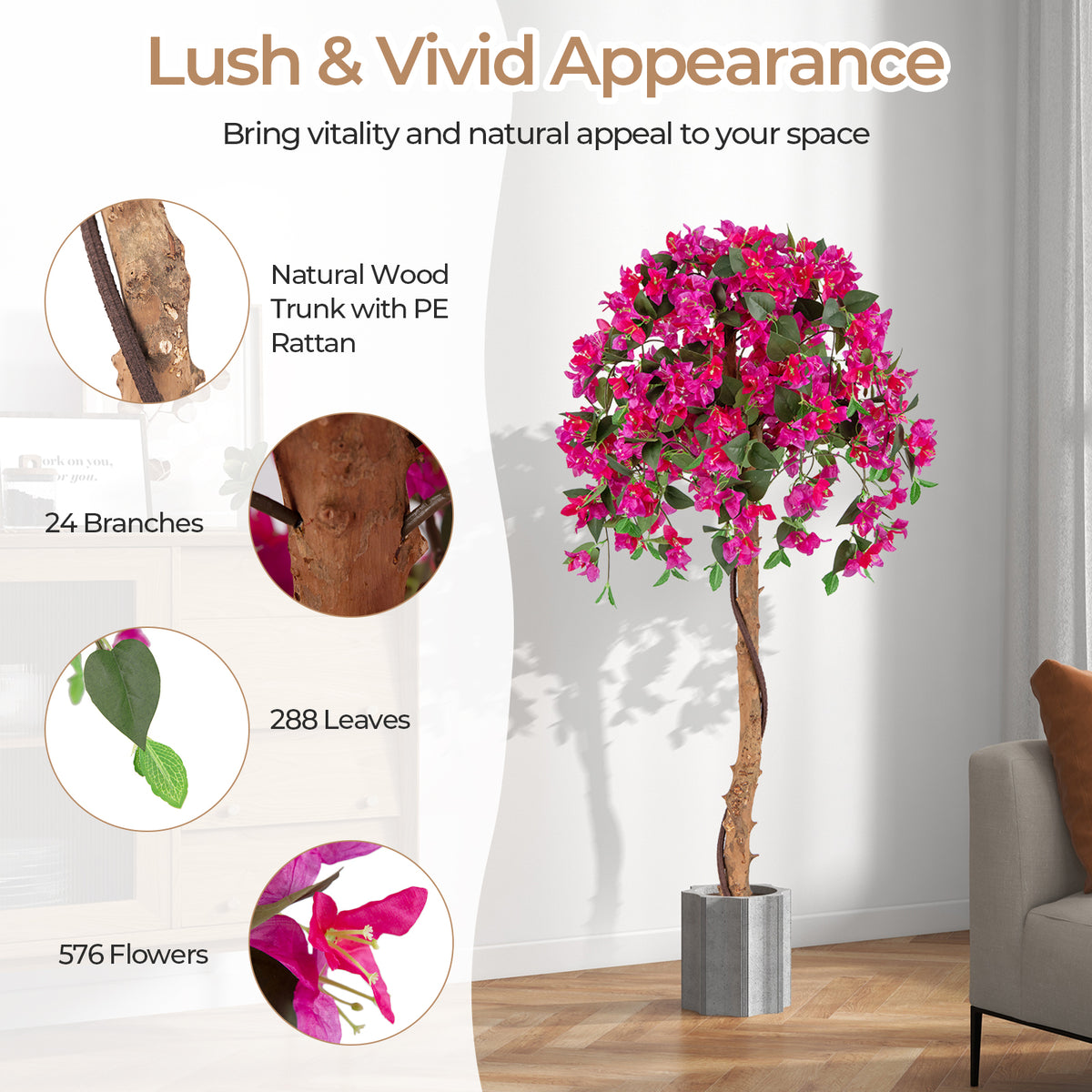 53" Artificial Bougainvillea Tree, Faux Silk Flower Plant in Pot with 576 Flowers & 288 Leaves