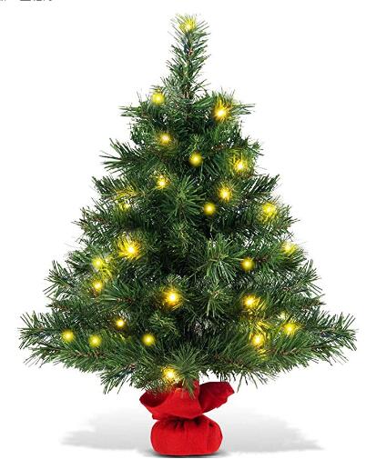 60 CM Tabletop Artificial Mini Christmas Tree W/ Pre-Strung Warm White LED Lights