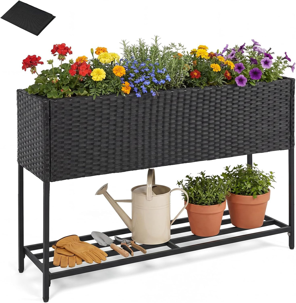 Lucktree Raised Garden Bed with Legs, Rattan Elevated Planter Box w/Storage Shelf