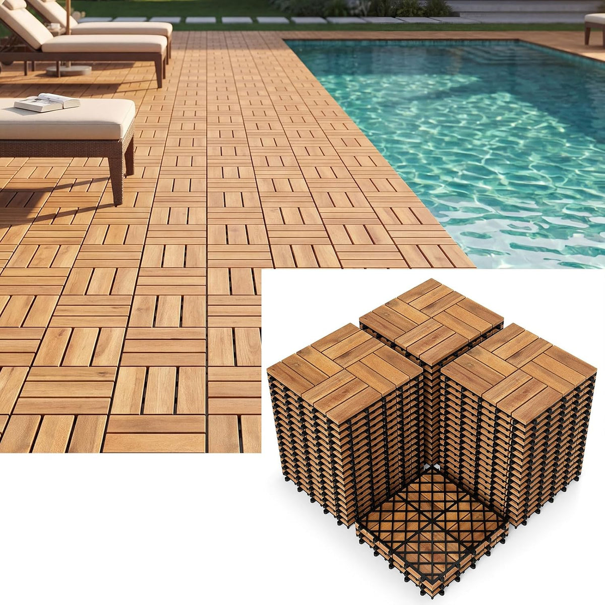 Lucktree 12" x 12" Interlocking Acacia Wood Deck Tiles