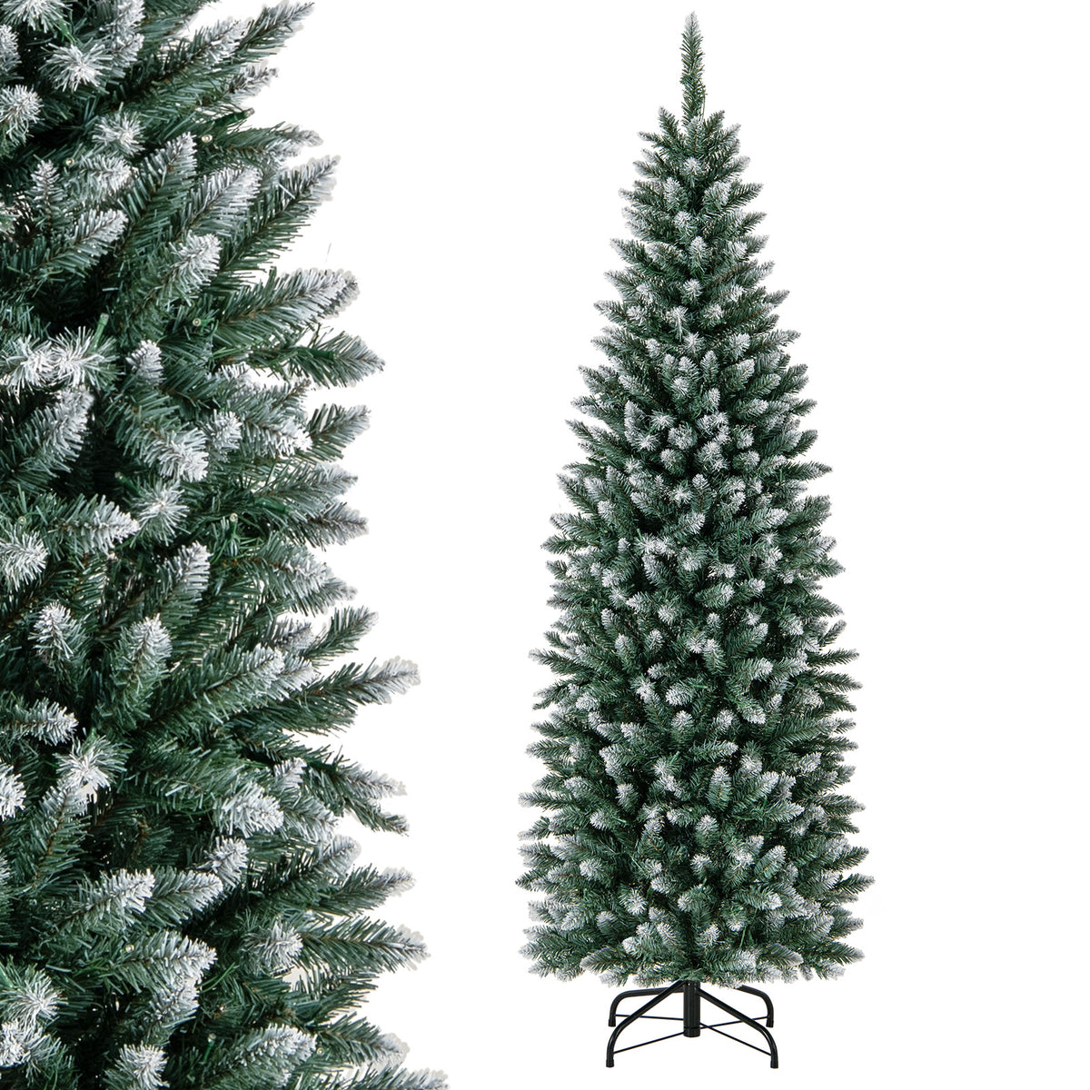 6FT/9FT Pre-Lit Pencil Christmas Tree, Snowy Artificial Christmas Tree with 1298 Branch Tips & 500 LED Lights