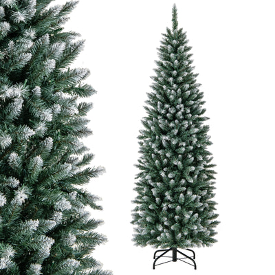 6FT/9FT Pre-Lit Pencil Christmas Tree, Snowy Artificial Christmas Tree with 1298 Branch Tips & 500 LED Lights