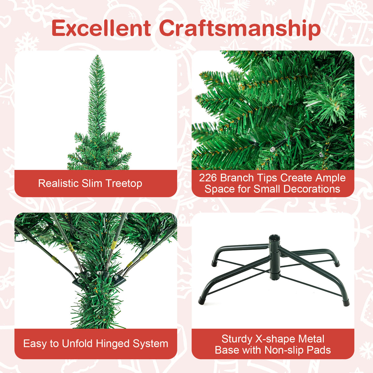 4.5 ft Snow Flocked Pencil Christmas Tree, Pre-Lit Slim Xmas Tree with 226 Branch Tips