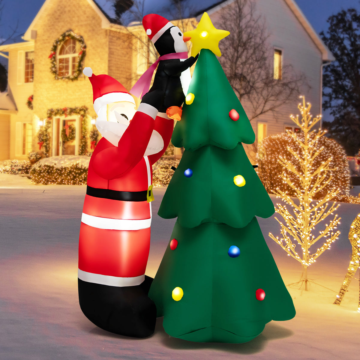 6FT Inflatable Christmas Decoration, Blow Up Christmas Tree & Santa Claus with Penguin