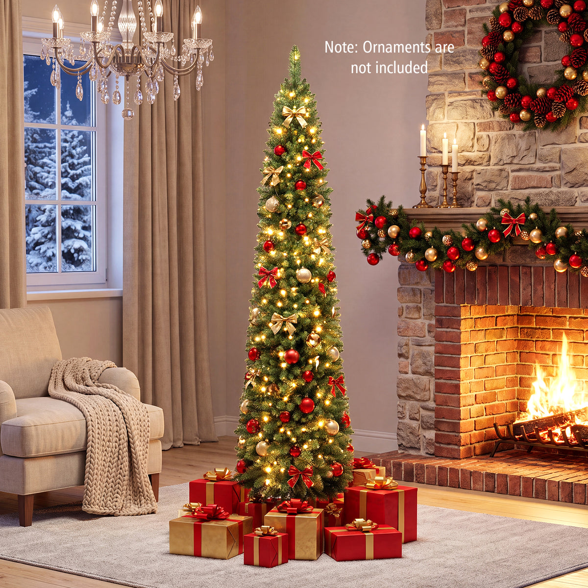 7FT Pre-Lit Pencil Christmas Tree, Slim Artificial Xmas Tree with Folding Metal Stand