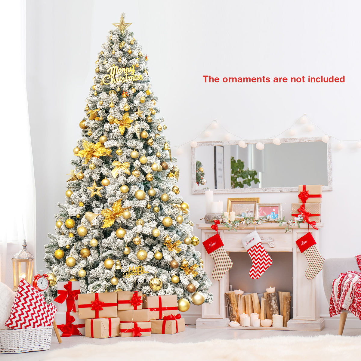 9FT Flocked Christmas Tree, Artificial Xmas Tree w/PVC Needles, Metal Stand