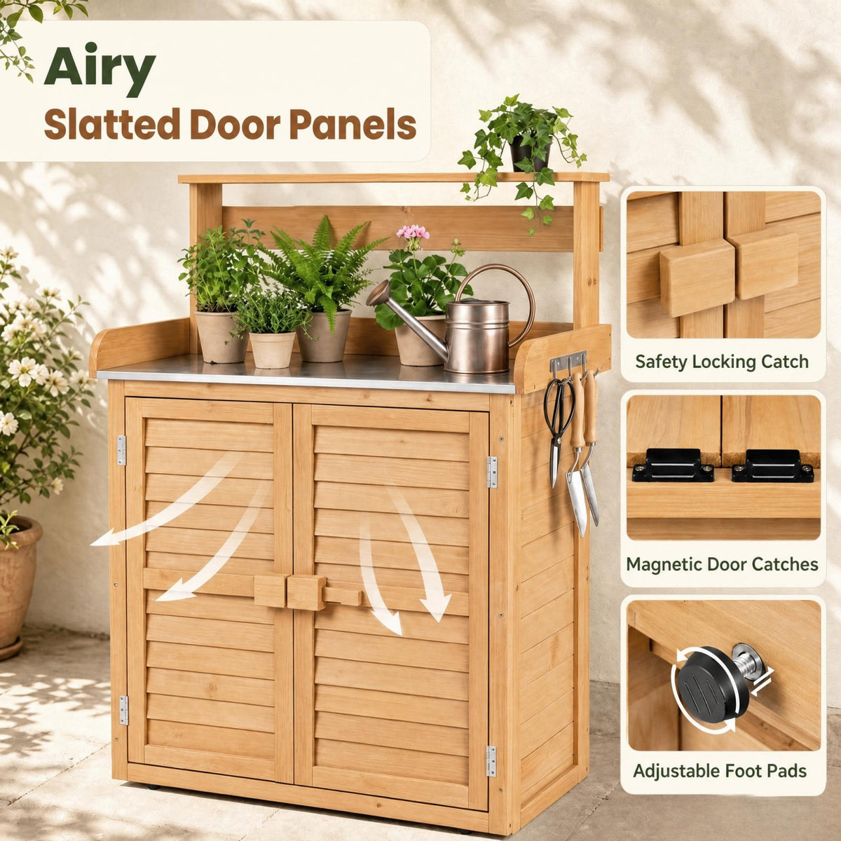 Garden Potting Bench Table, Wood Plant Workstation w/ Stainless Steel Tabletop
