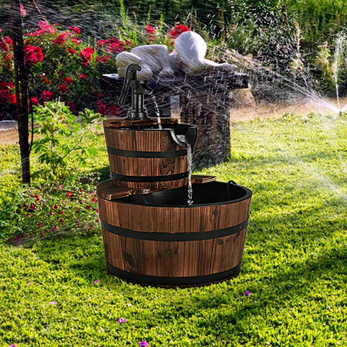 Lucktree 2-Tier Barrel Waterfall Fountain with Hand Pump
