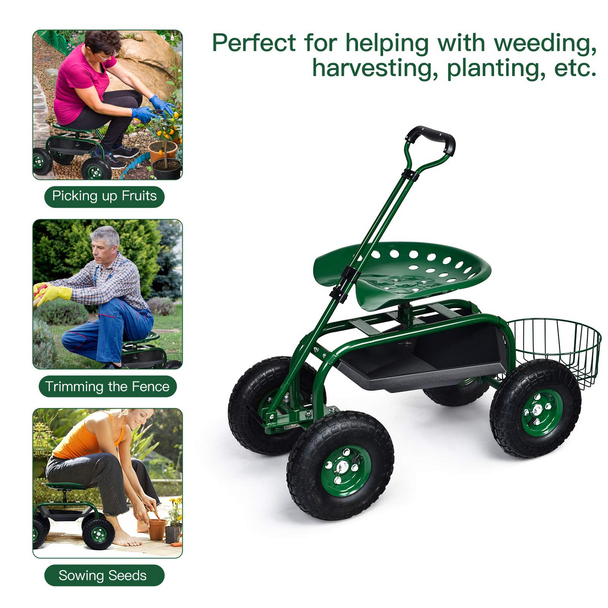 4-Wheel Garden Workseat with Storage Basket - Lucktree