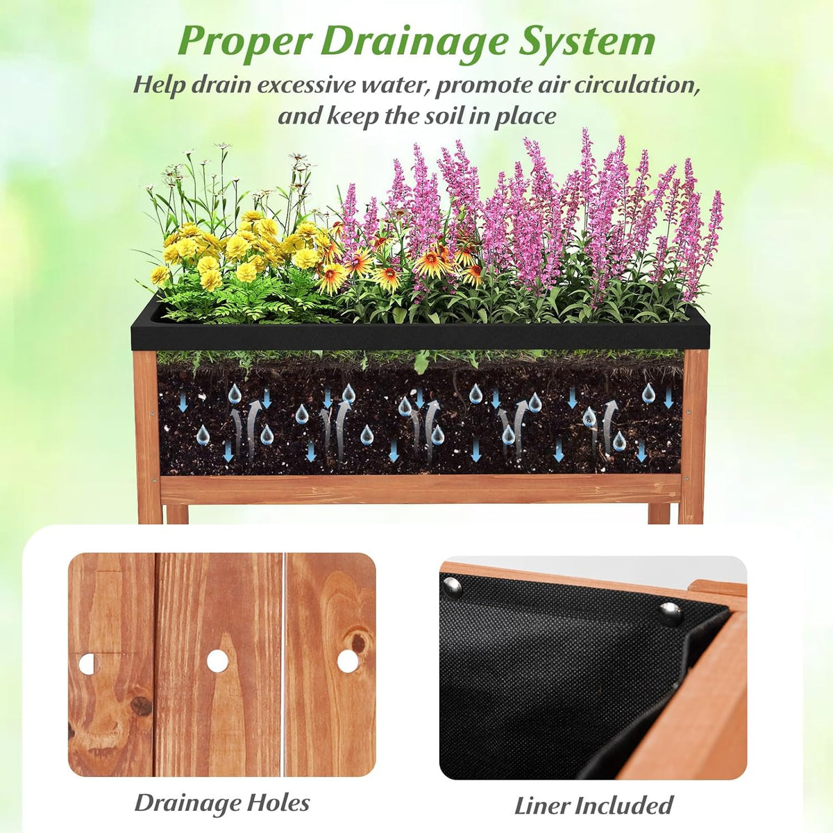 Lucktree 40"x20"x39" Raised Garden Bed Wood Planter Box with Plant Stand & Black Liner