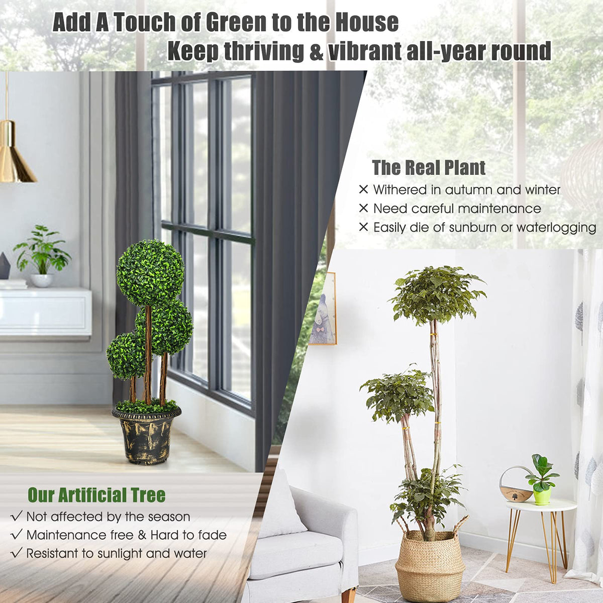 2.5 Ft/3 Ft  Artificial Boxwood Topiary Tree, Fake Greenery Plants Triple Ball Tree - LucktreeUS