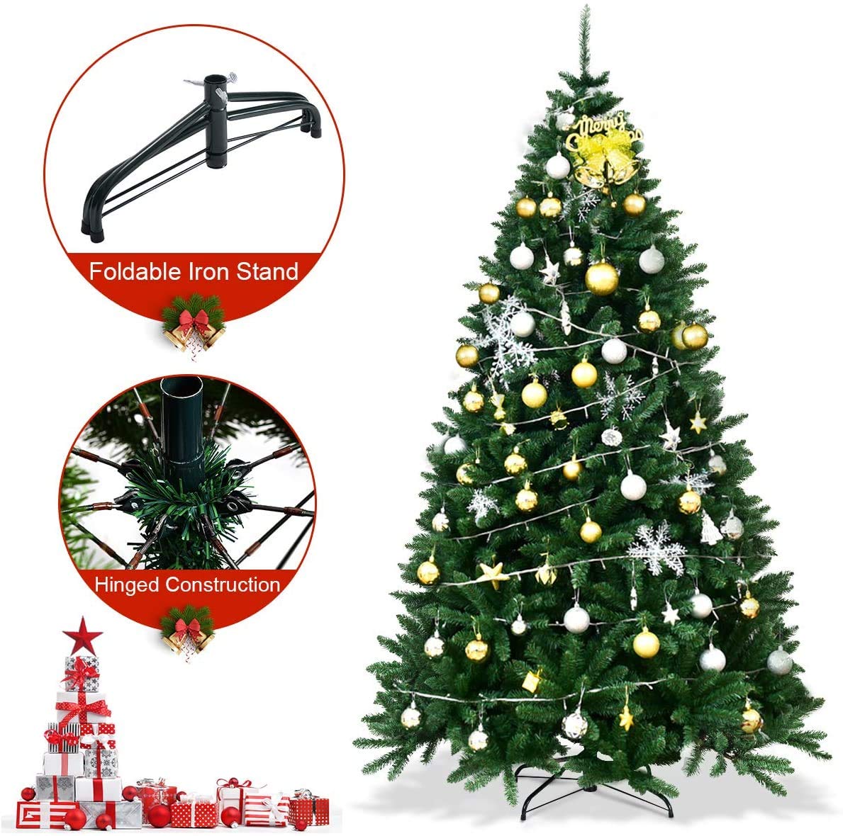 Artificial Douglas Christmas Tree, 7.5 Unlit Hinged Pine Tree with 2254 Branch Tips and Solid Metal Stand - LucktreeUS