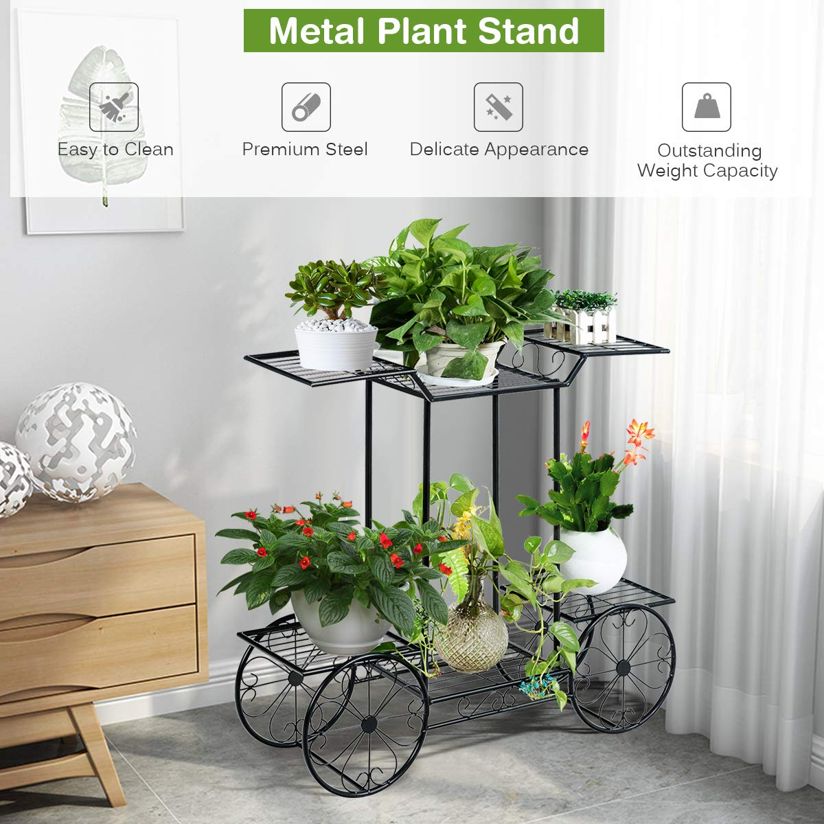 Lucktree Garden Cart Metal Plant Stand with 4 Decorative Wheels