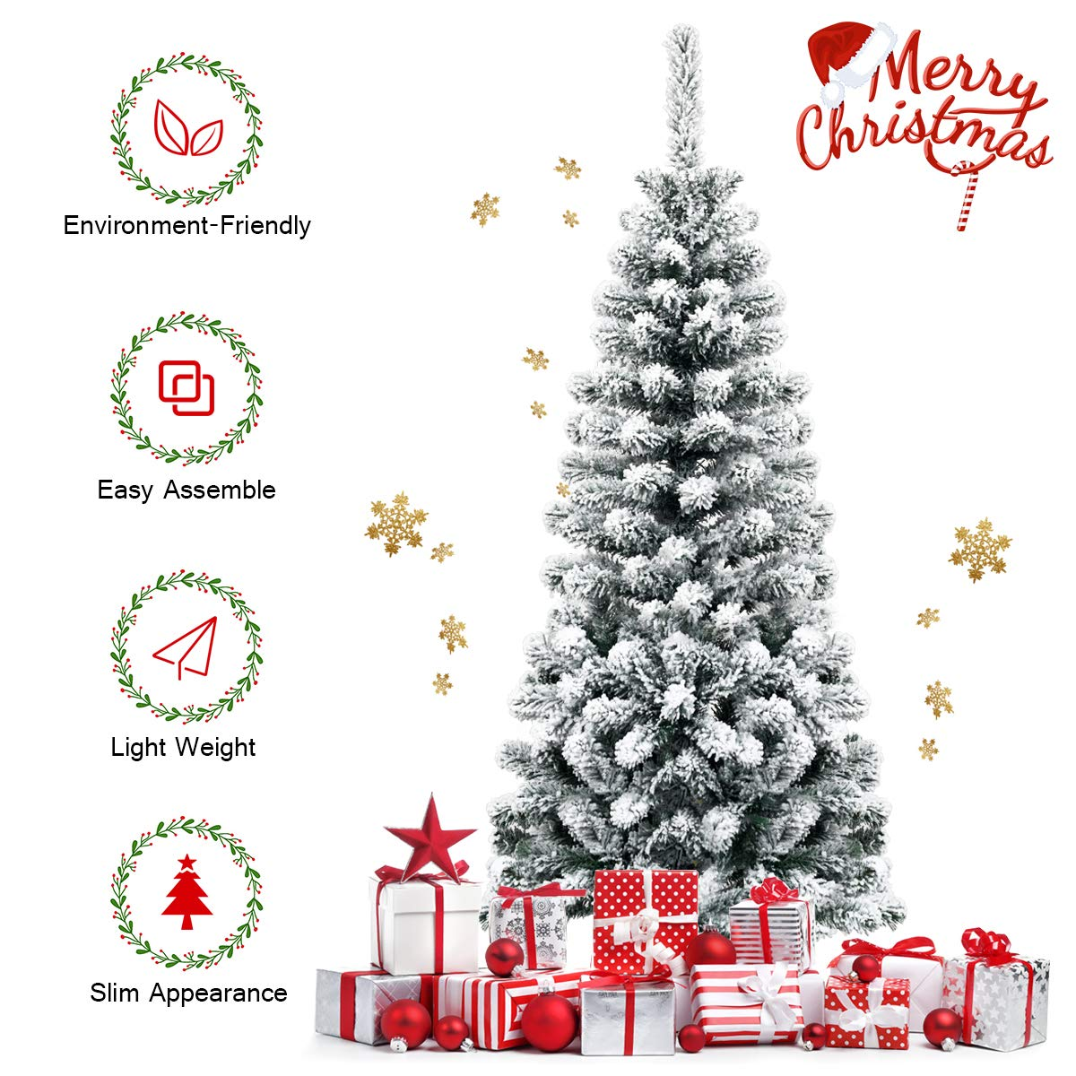 Lucktree Artificial Snow Flocked Christmas Tree, Slim Xmas Snowy Tree for Indoor and Outdoor Use - LucktreeUS