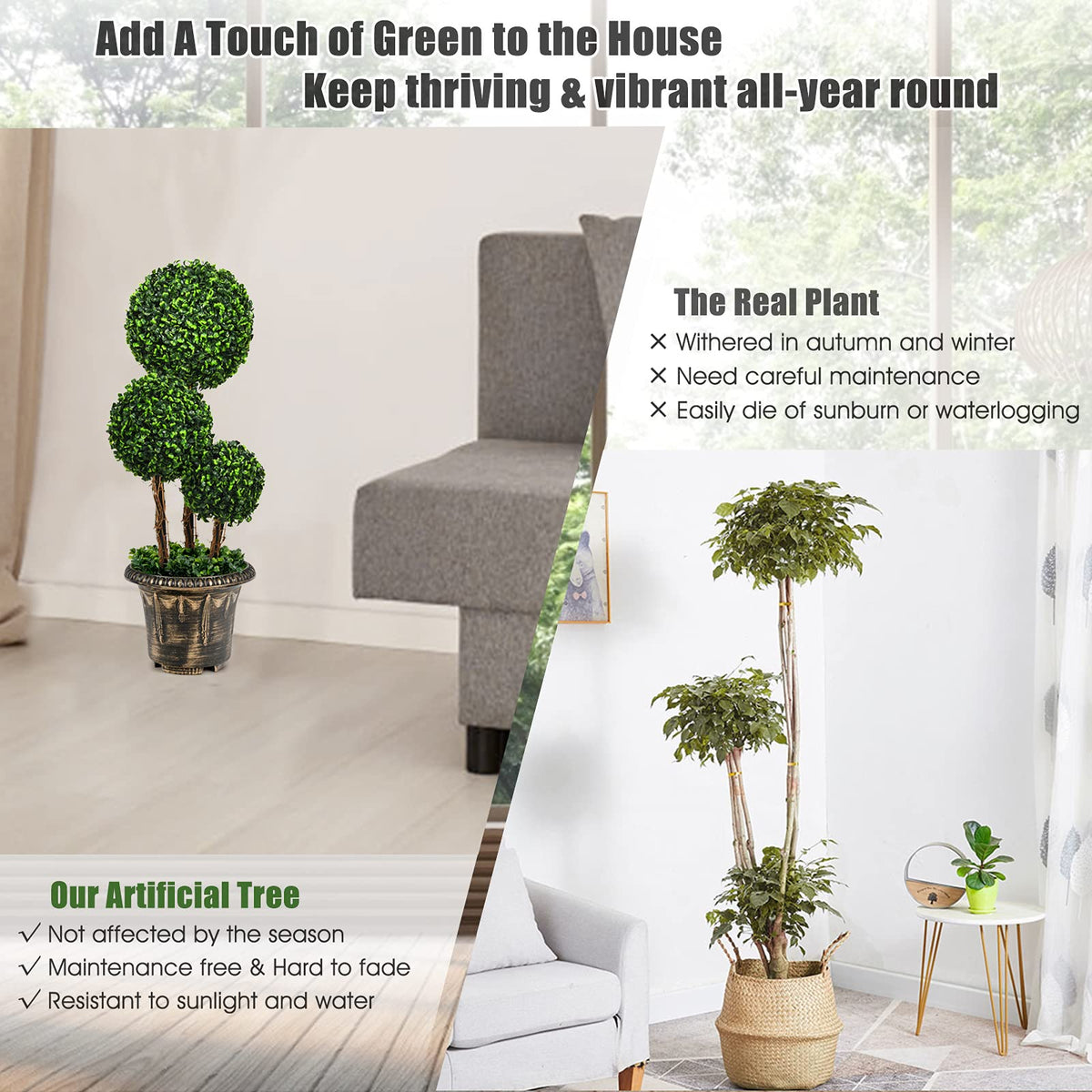 2.5 Ft/3 Ft  Artificial Boxwood Topiary Tree, Fake Greenery Plants Triple Ball Tree - LucktreeUS