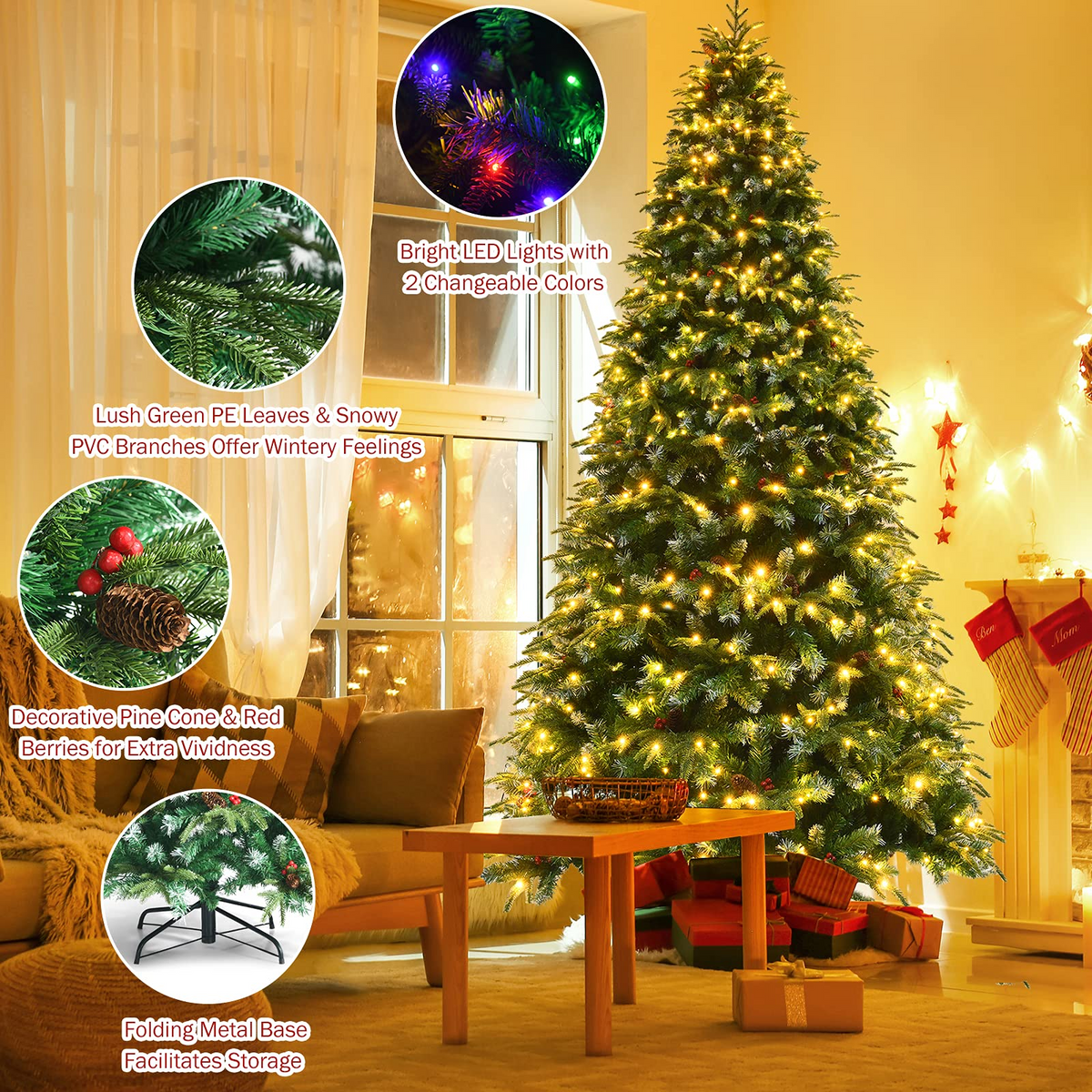 Lucktree 8FT Pre-Lit Artificial Christmas Tree, Hinged Realistic Snowy Xmas Pine Tree W/ 780 Color Changing LED Lights, 11 Flash Modes - LucktreeUS