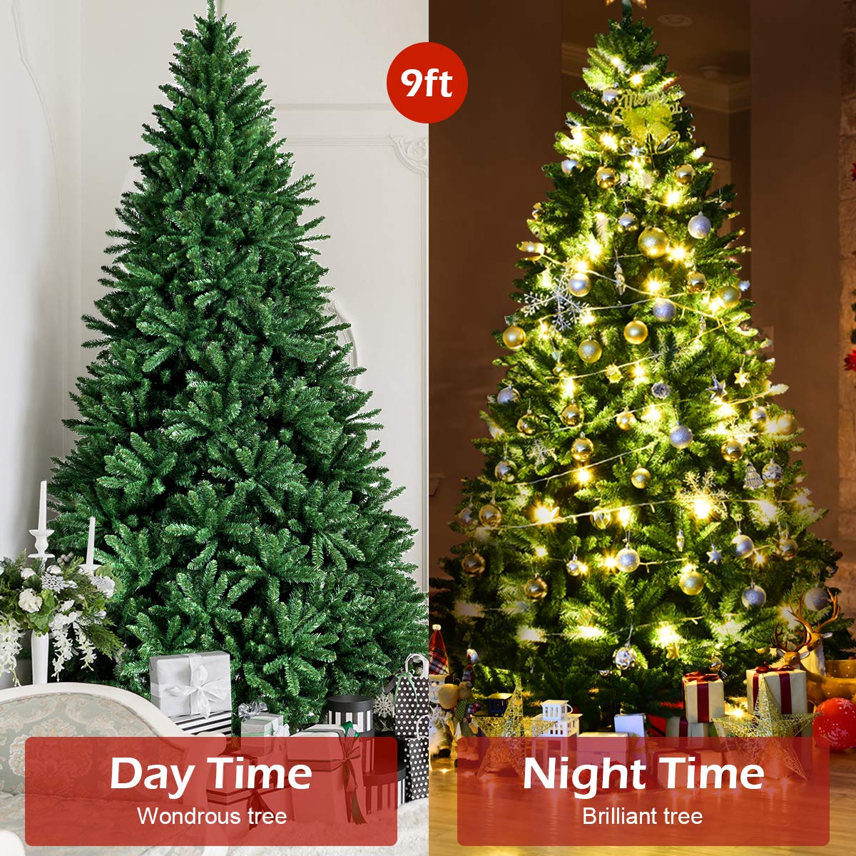 9ft Artificial Douglas Christmas Tree, Unlit Hinged Pine Tree, with 3594 Branch Tips and Solid Metal Stand - LucktreeUS