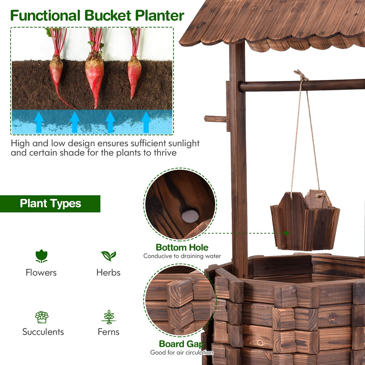 Lucktree Outdoor Wooden Wishing Well with Hanging Bucket
