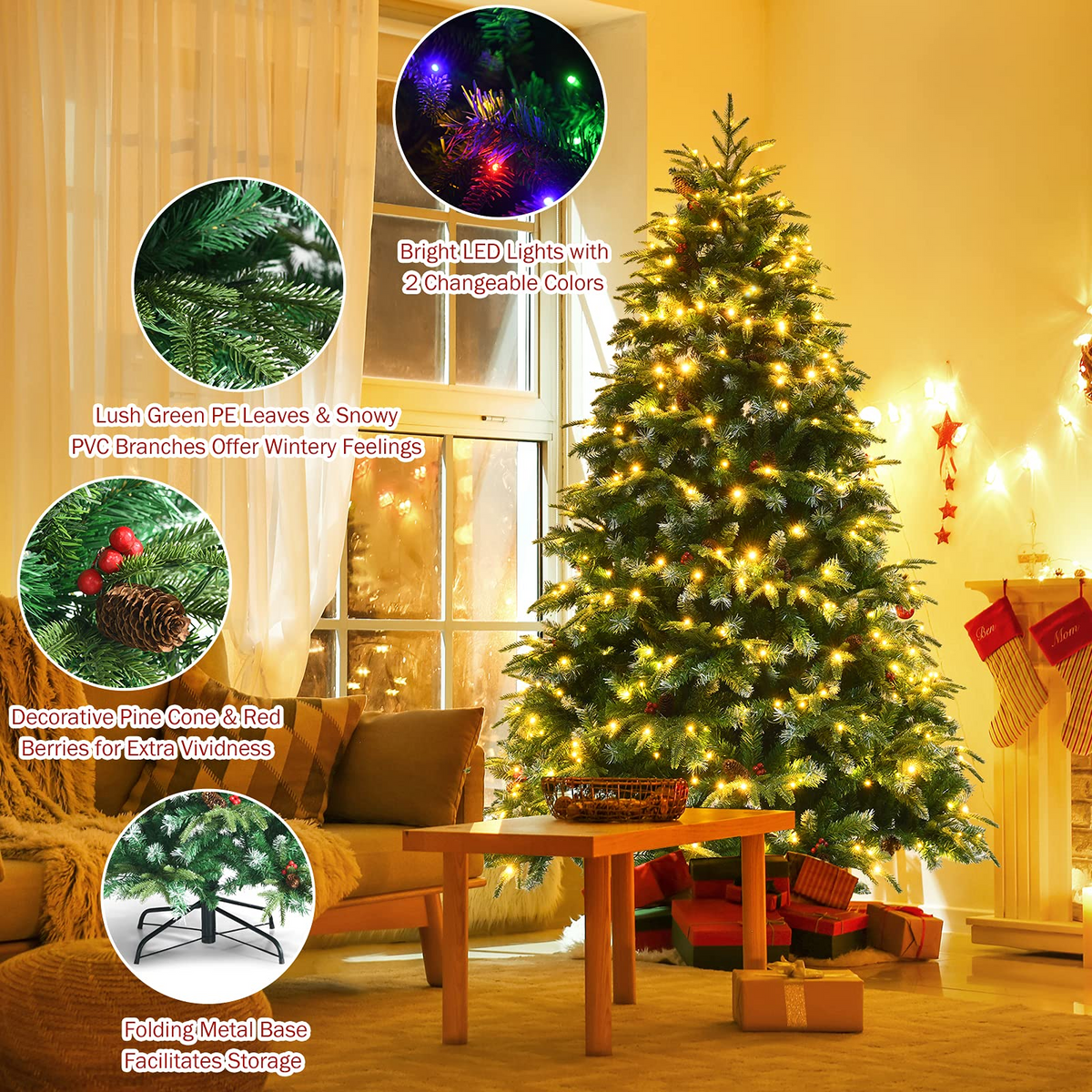 Lucktree 7FT Pre-Lit Artificial Christmas Tree, Hinged Realistic Snowy Xmas Pine Tree W/ 450 Color Changing LED Lights, 11 Flash Modes - LucktreeUS