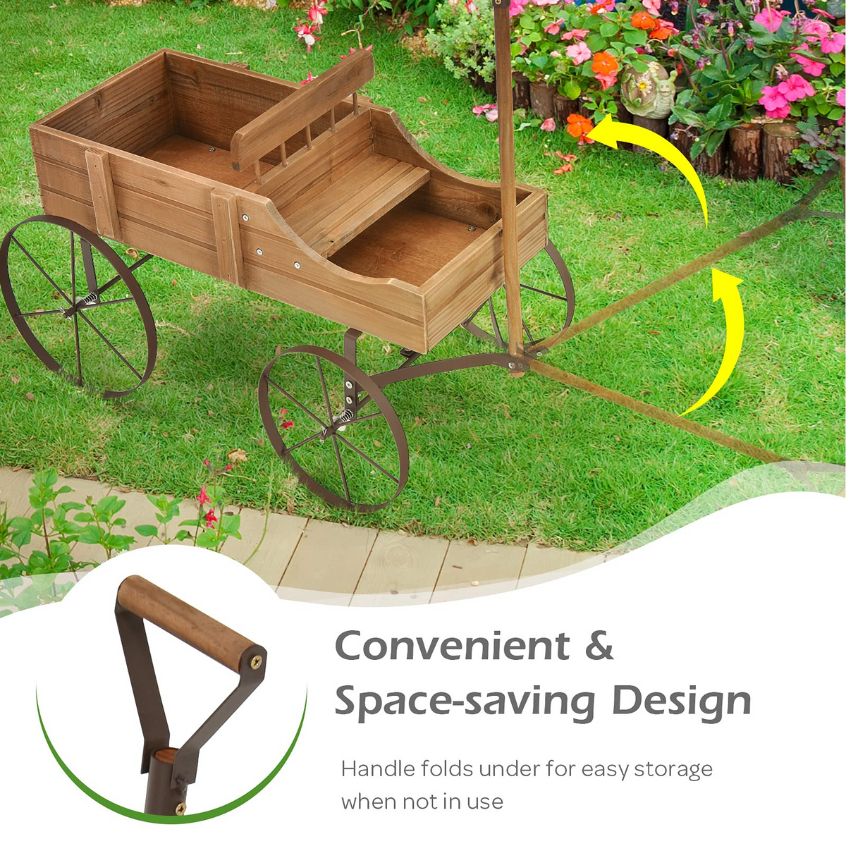 Lucktree Decorative Garden Planter, Small Wagon Cart with Metal Wheels, Wood Raised Beds Plant Pot Stand for Backyard Garden Patio 24.5"x13.5"x24"