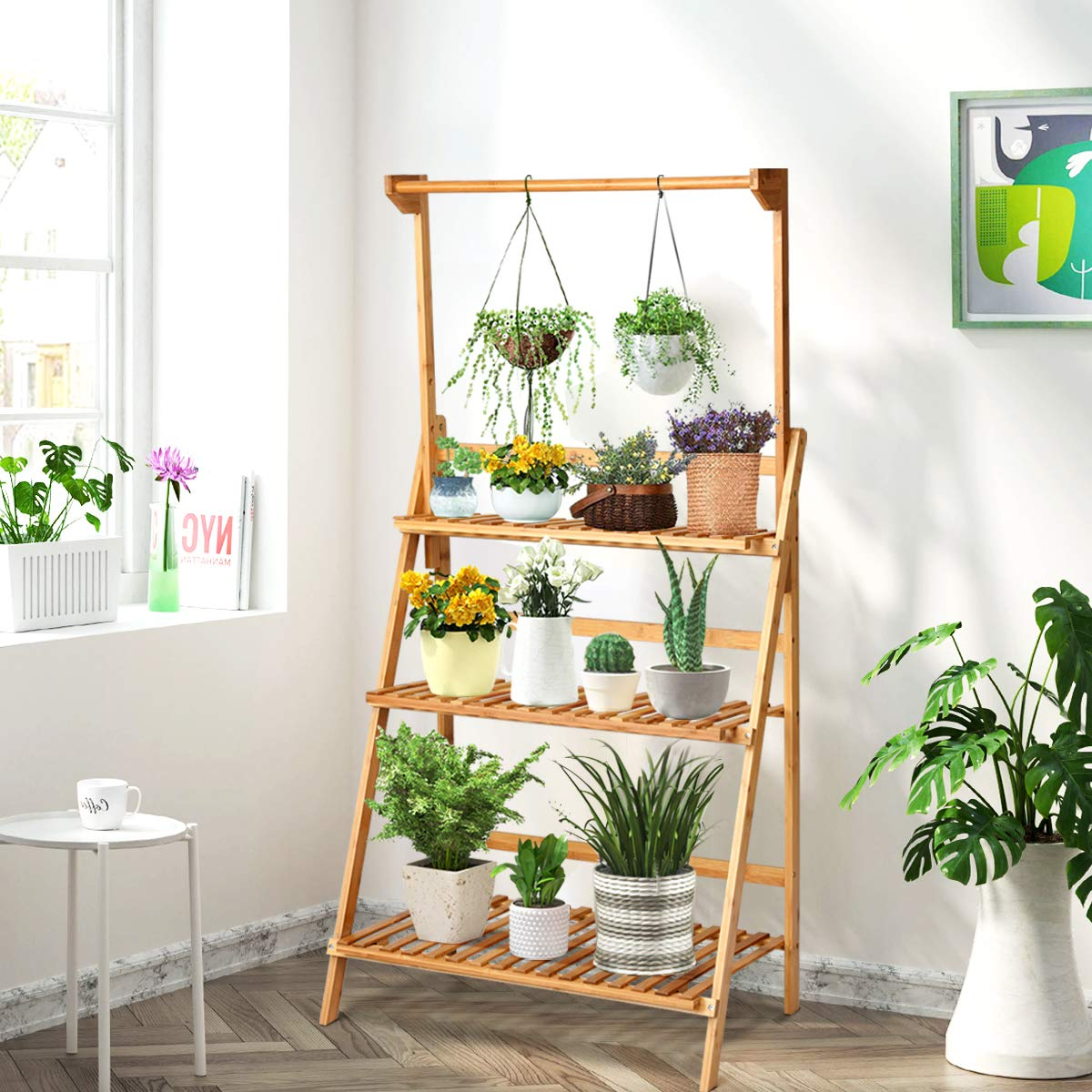 Lucktree 3-Tier Hanging Plant Stand Storage Shelf, Folding Flower Pot Organizer Display Storage Rack