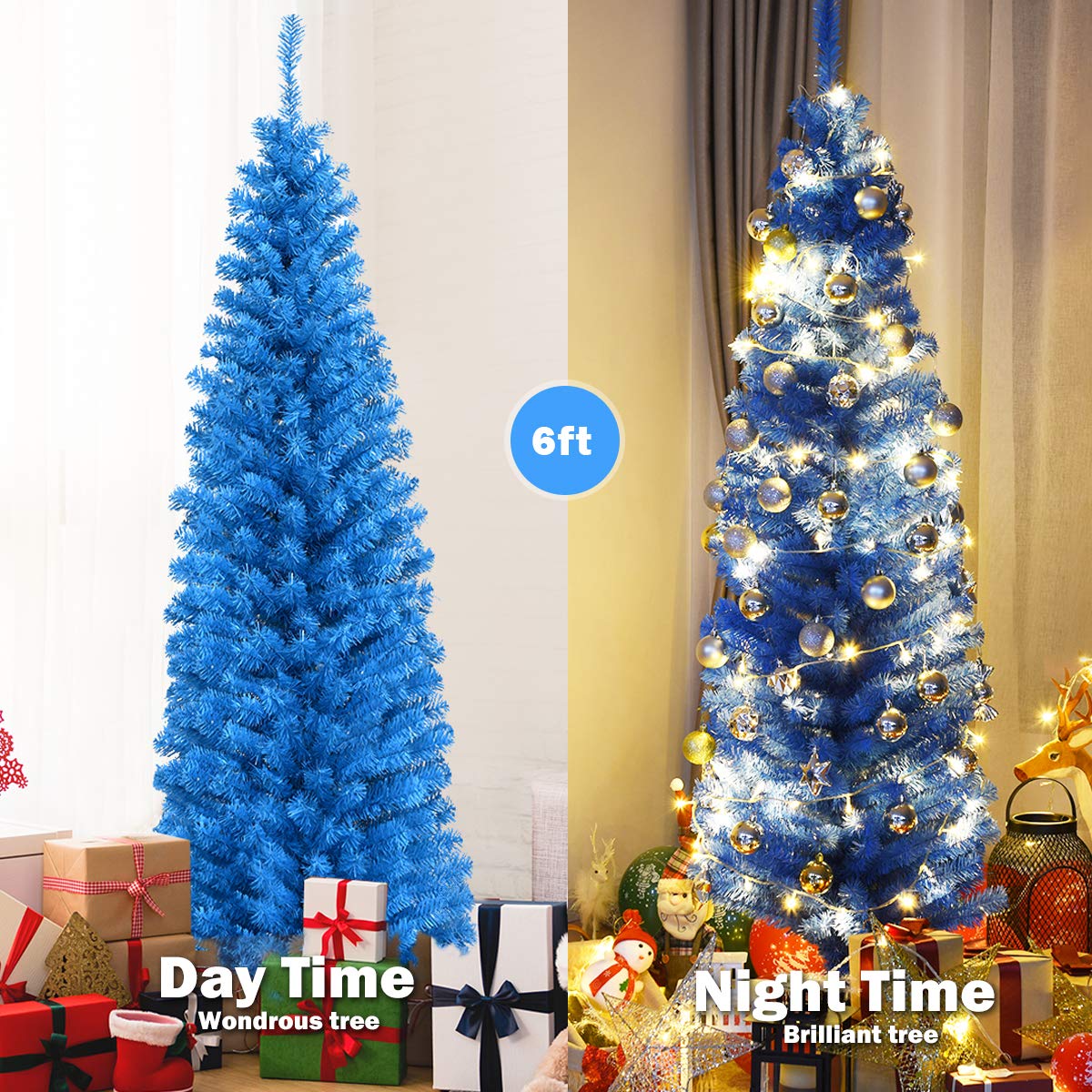 6ft Blue Pencil Christmas Tree, Artificial Slim Tree - LucktreeUS