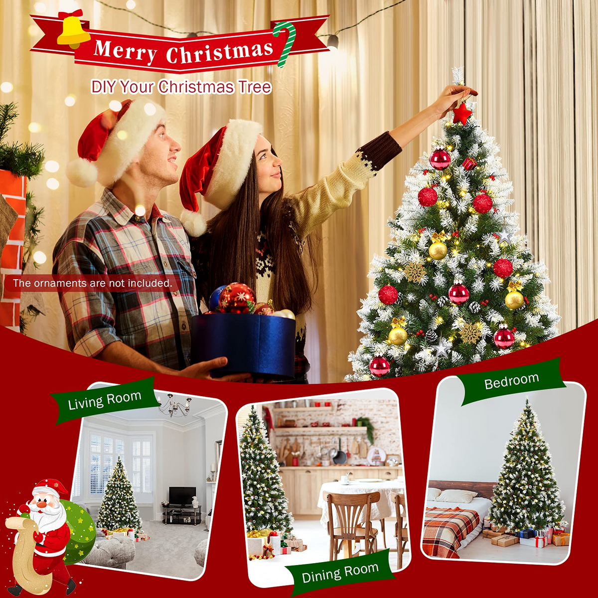 Lucktree Pre-lit Snow Flocked Christmas Tree,Hinged Artificial Xmas Tree, Indoor Holiday Festival Decoration - LucktreeUS