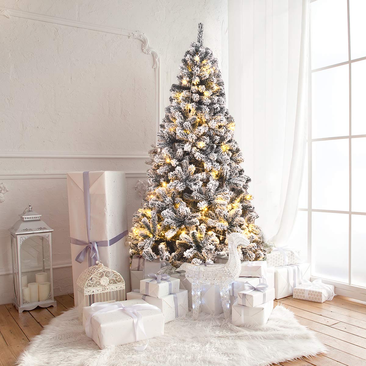 6FT/9FT  Snow Flocked Christmas Tree, Hinged Pine Tree - LucktreeUS