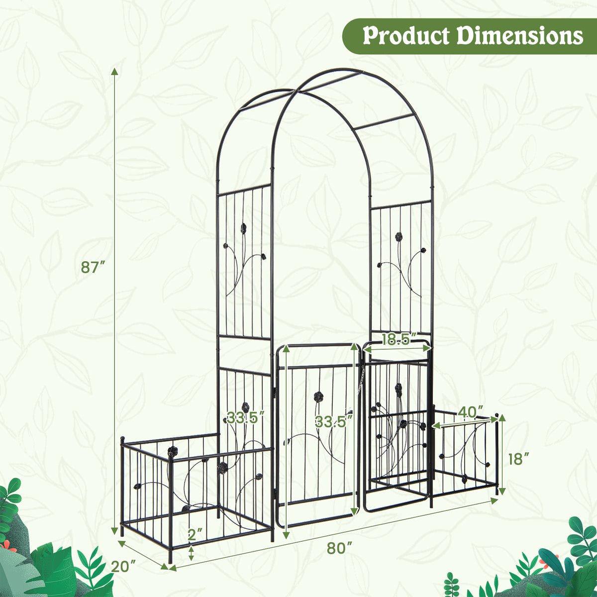 87" Steel Garden Arch with Planter Beds, Dig-Free Wedding Arbor w/Lockable Gates for Vines