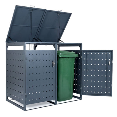 Outdoor Trash Can Storage Shed, 44 Cu.Ft Metal Garbage Bin Enclosure with Gas Strut Lift-Up Lids & Lockable Double Doors