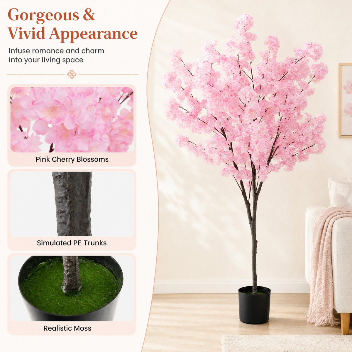 6.5FT Artificial Cherry Blossom Tree, Faux Pink Cherry Plant with Sturdy PE Trunk & Cement-Filled Nursery Pot