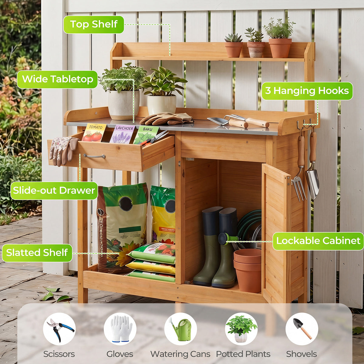 Wooden Potting Bench Table, Outdoor Garden Planting Table with Cabinet Drawer