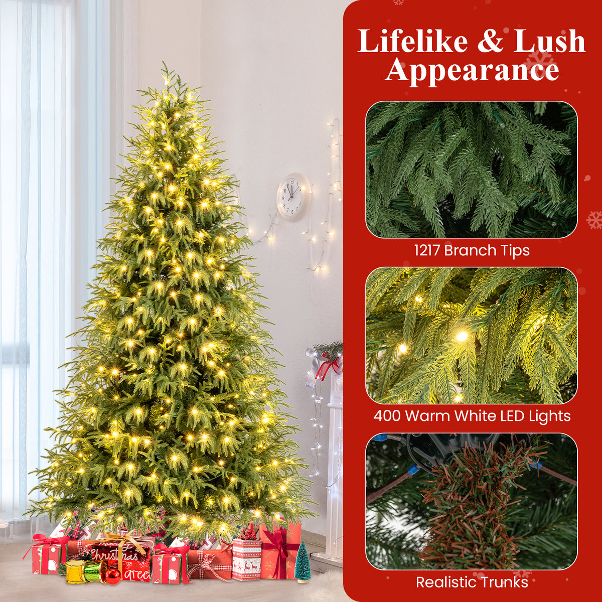 7.5FT Prelit Artificial Christmas Tree, Hinged Xmas Tree with 1449 Branch Tips