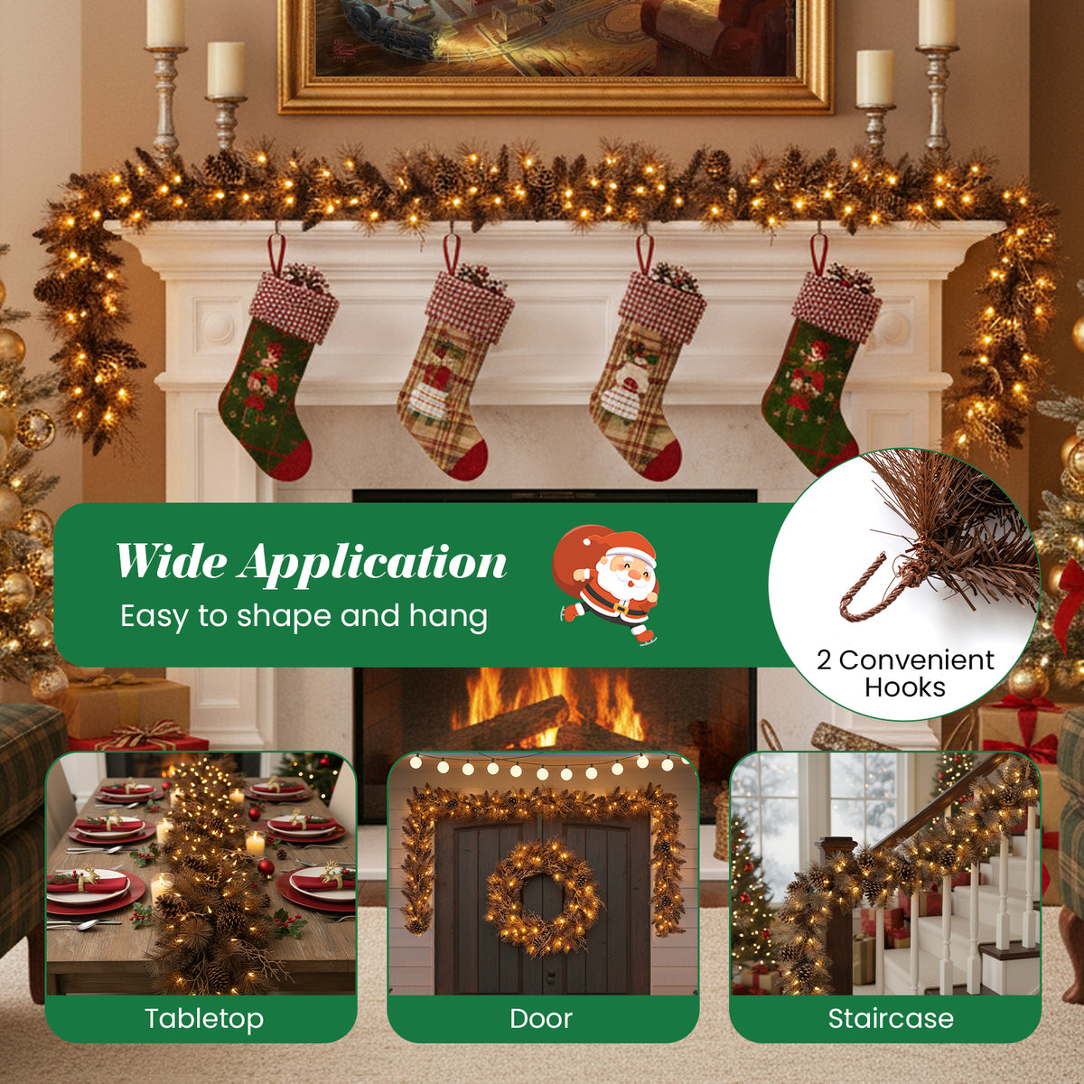 9FT Pre-lit Artificial Christmas Garland, Christmas Garland with 35 Warm White LED Lights