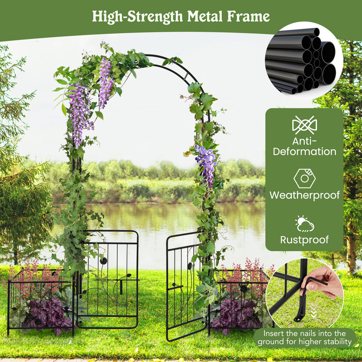 87" Steel Garden Arch with Planter Beds, Dig-Free Wedding Arbor w/Lockable Gates for Vines