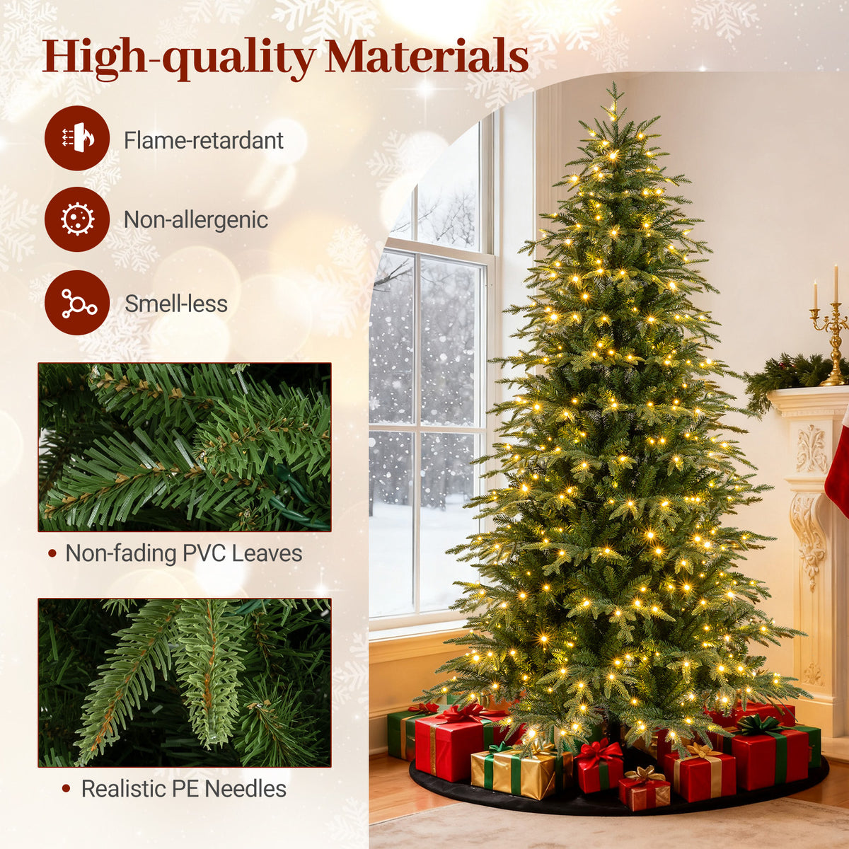 7.5FT Pre-lit Artificial Christmas Tree, Hinged Xmas Tree with 1195 Branch Tips