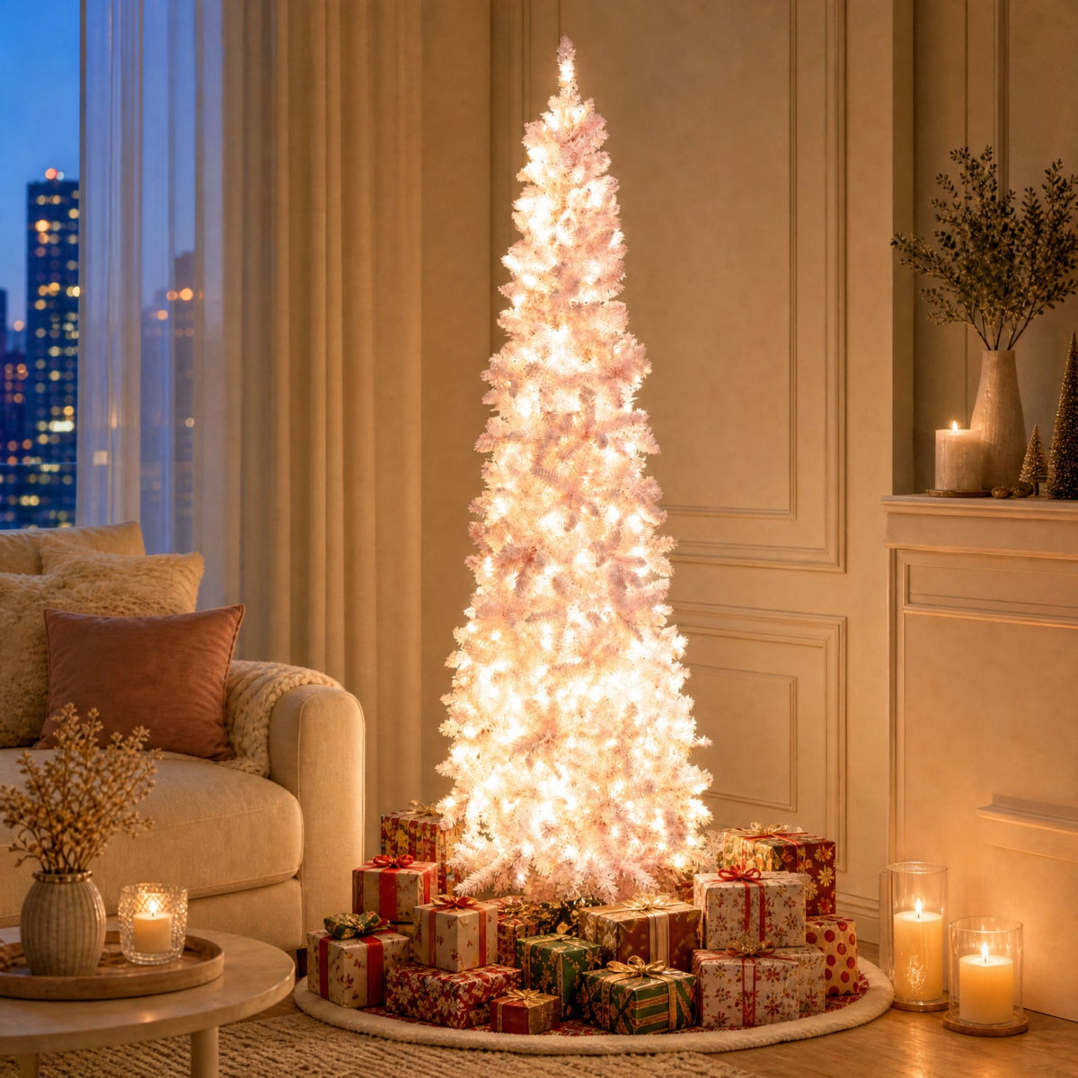 7 FT Slim Pencil Christmas Tree, Hinged Xmas Tree with Flocked Design, 800 PVC Branch Tips