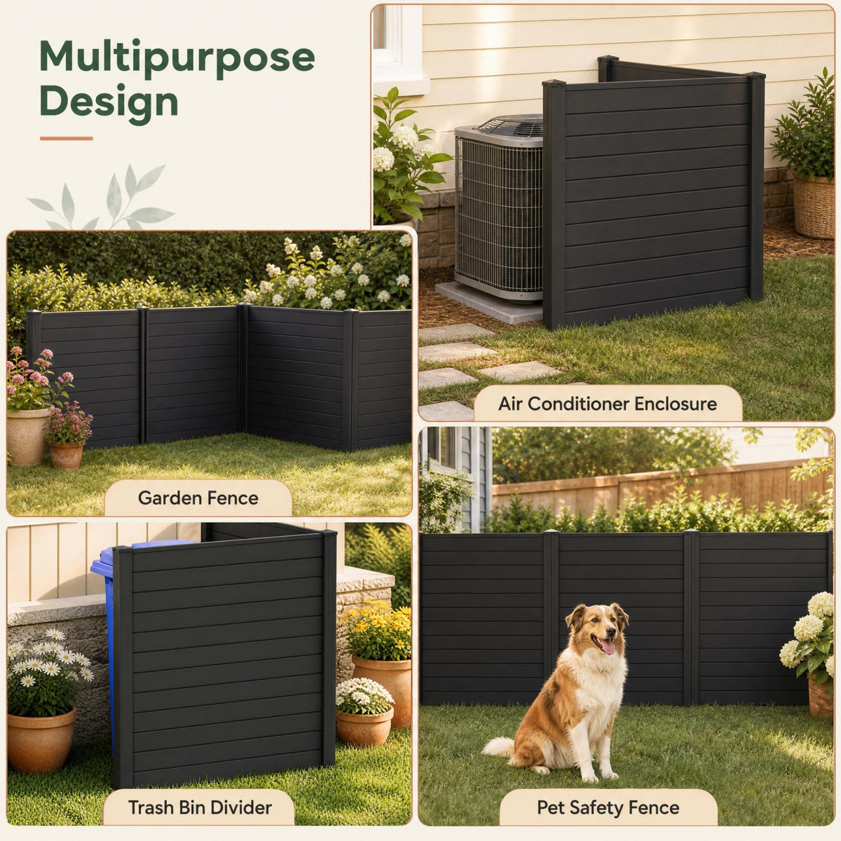 PP Privacy Fence Screen 123cm x 123cm, 2/4 Panels, No-Dig Air Conditioner Trash Can Pool Equipment Enclosure with Galvanized Ground Stakes
