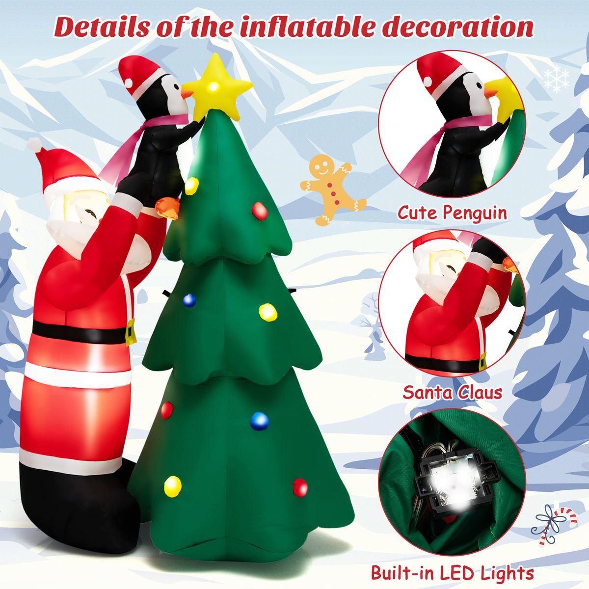 6FT Inflatable Christmas Decoration, Blow Up Christmas Tree & Santa Claus with Penguin