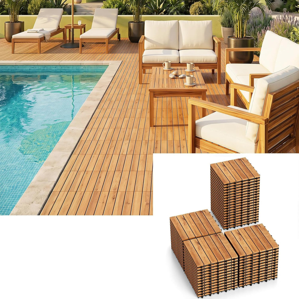Lucktree 12" x 12" Interlocking Acacia Wood Deck Tiles