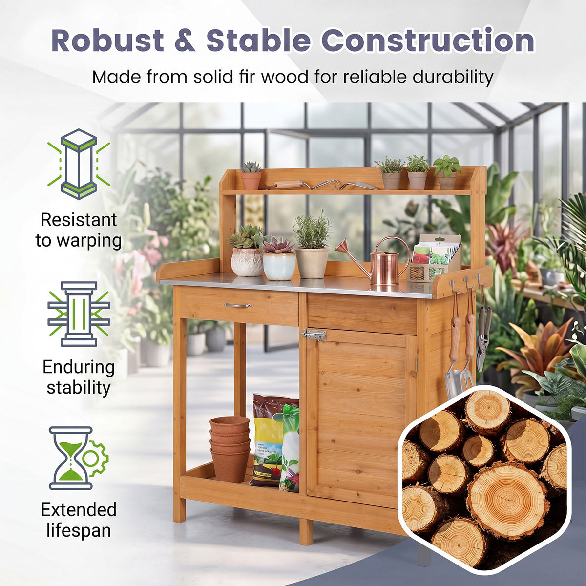 Wooden Potting Bench Table, Outdoor Garden Planting Table with Cabinet Drawer