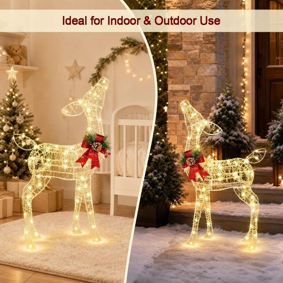 Lighted Christmas Reindeer Decoration, Small Holiday Deer Figure with 50 LED Lights & 4 Stakes