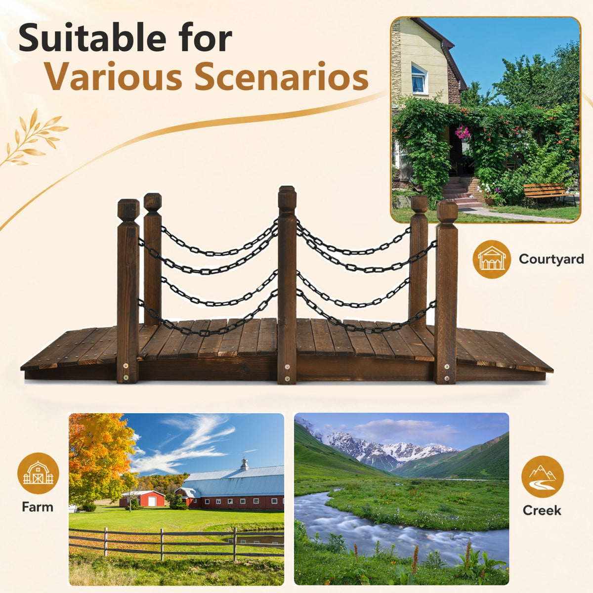 150cm Wooden Bridge, Arc Footbridge w/Safe Chain Railings, Outside Small Arc Pond Bridge
