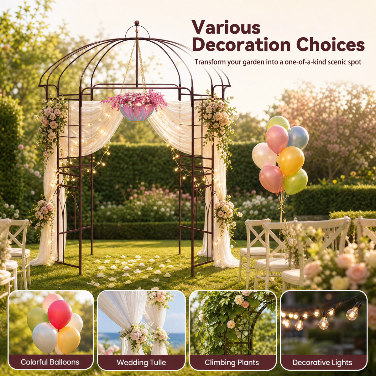 French Style Birdcage Garden Arbor, Heavy-Duty Metal Pergola Pavilion for Climbing Plants