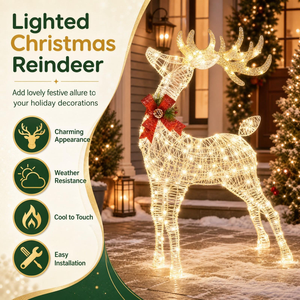 Lighted Standing Reindeer Christmas Decoration, Pre-Lit 120 LED Lights Artificial Christmas Décor with Ground Stakes and Zip Ties