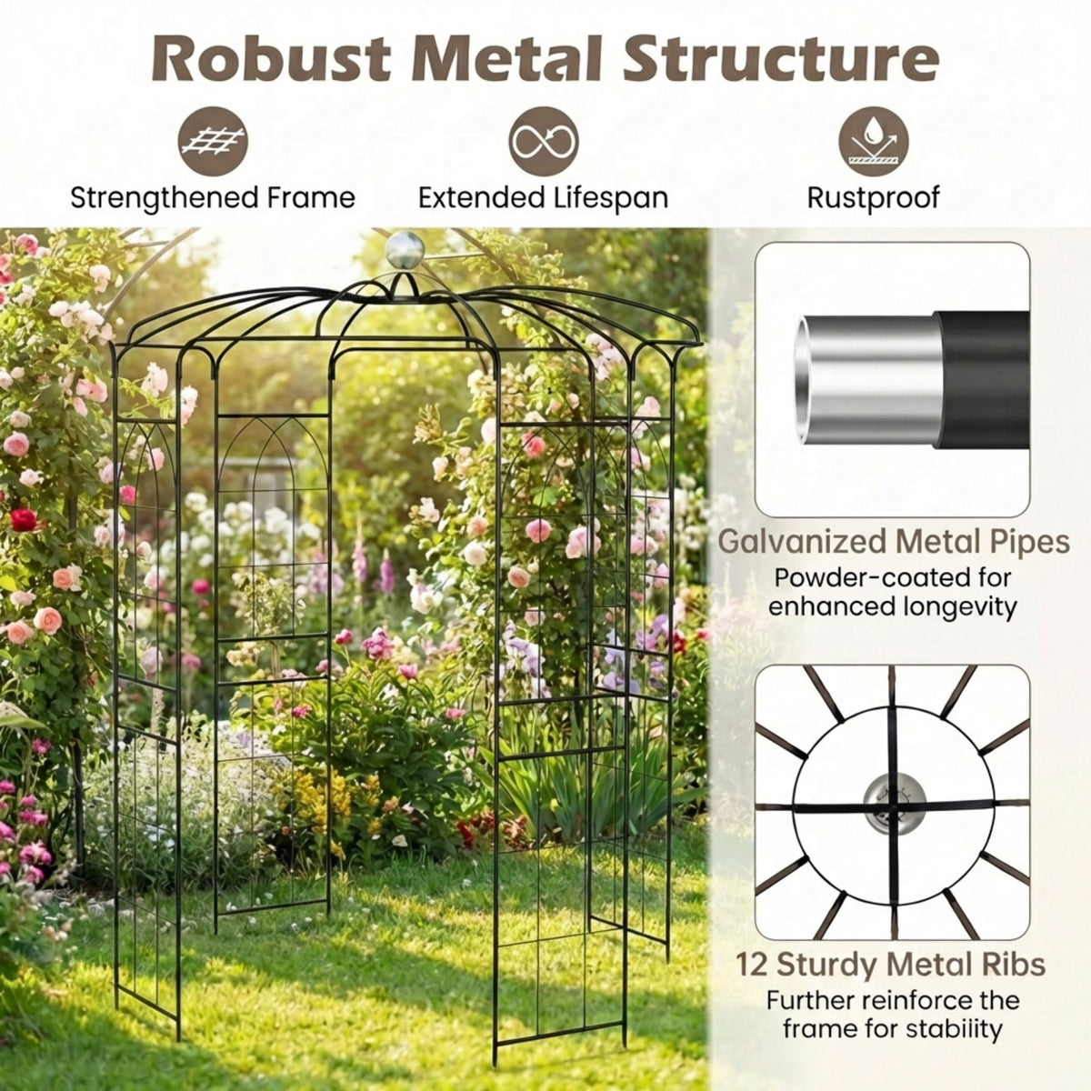 Birdcage Shape Gazebo, Garden Arch Trellis w/Hanging Hook for Climbing Plants
